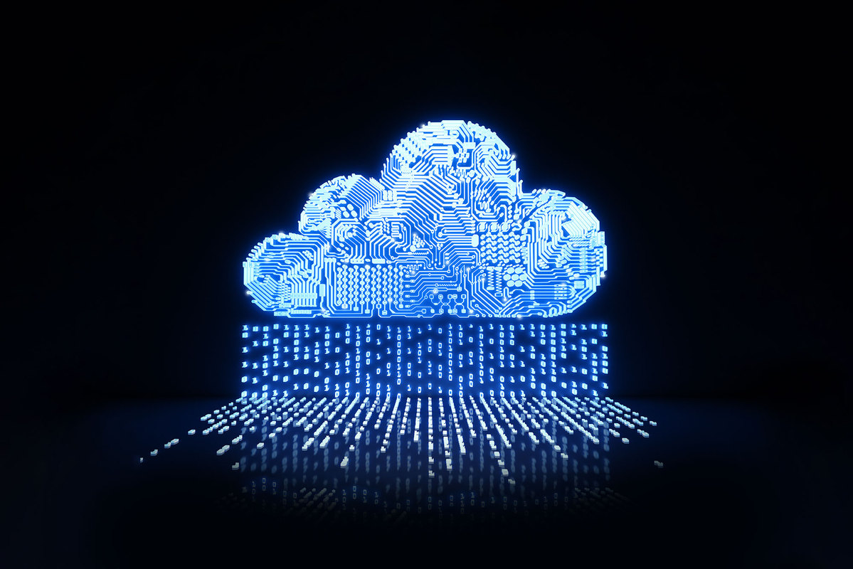 A pixelated cloud raining blue pixels as rain drops | Cloud software Infor