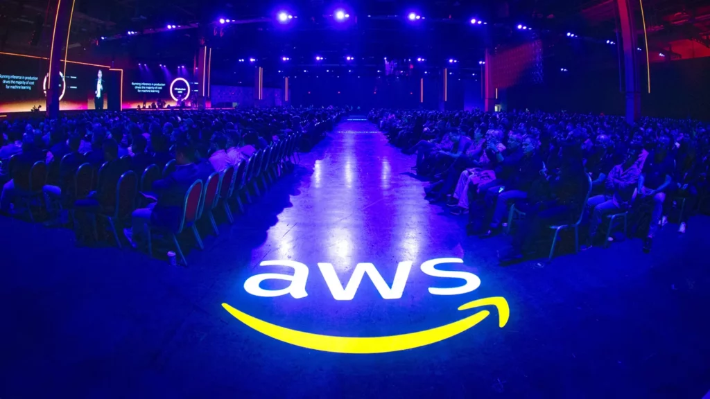 AWS logo on the floor of a darkened packed out conference hall | AWS re:inforce
