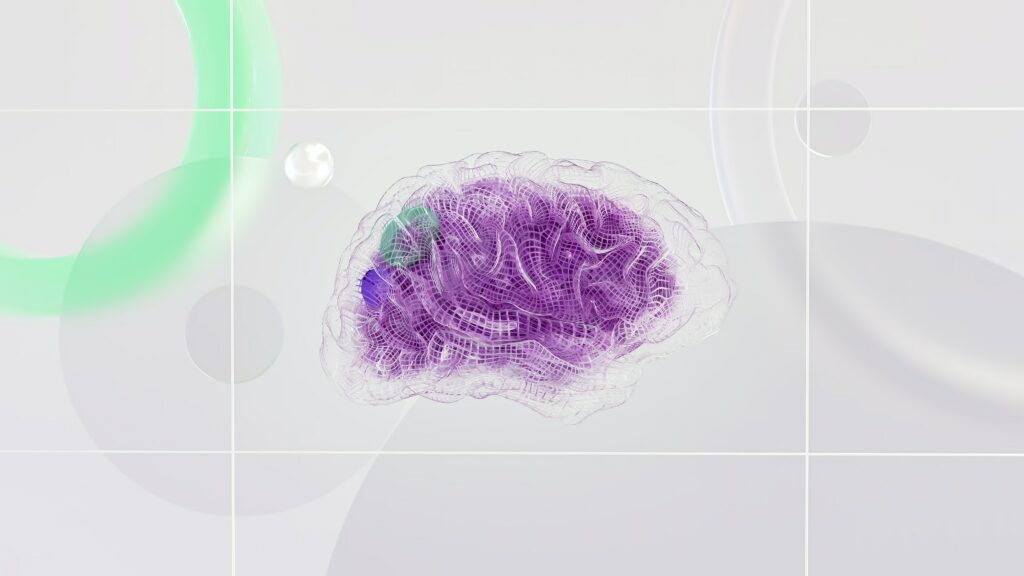abstract image of AI, purple brain on a white and green background | HPE and AWS