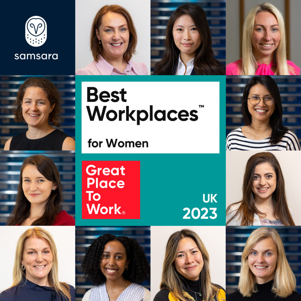 profile pictures of business women around text: Best Workplaces for Women. Great place to work UK 2023 | Samsara