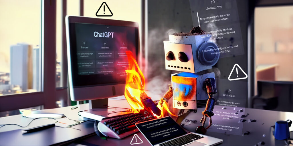 A robot trying to work CHATGPT and it has caught on fire.