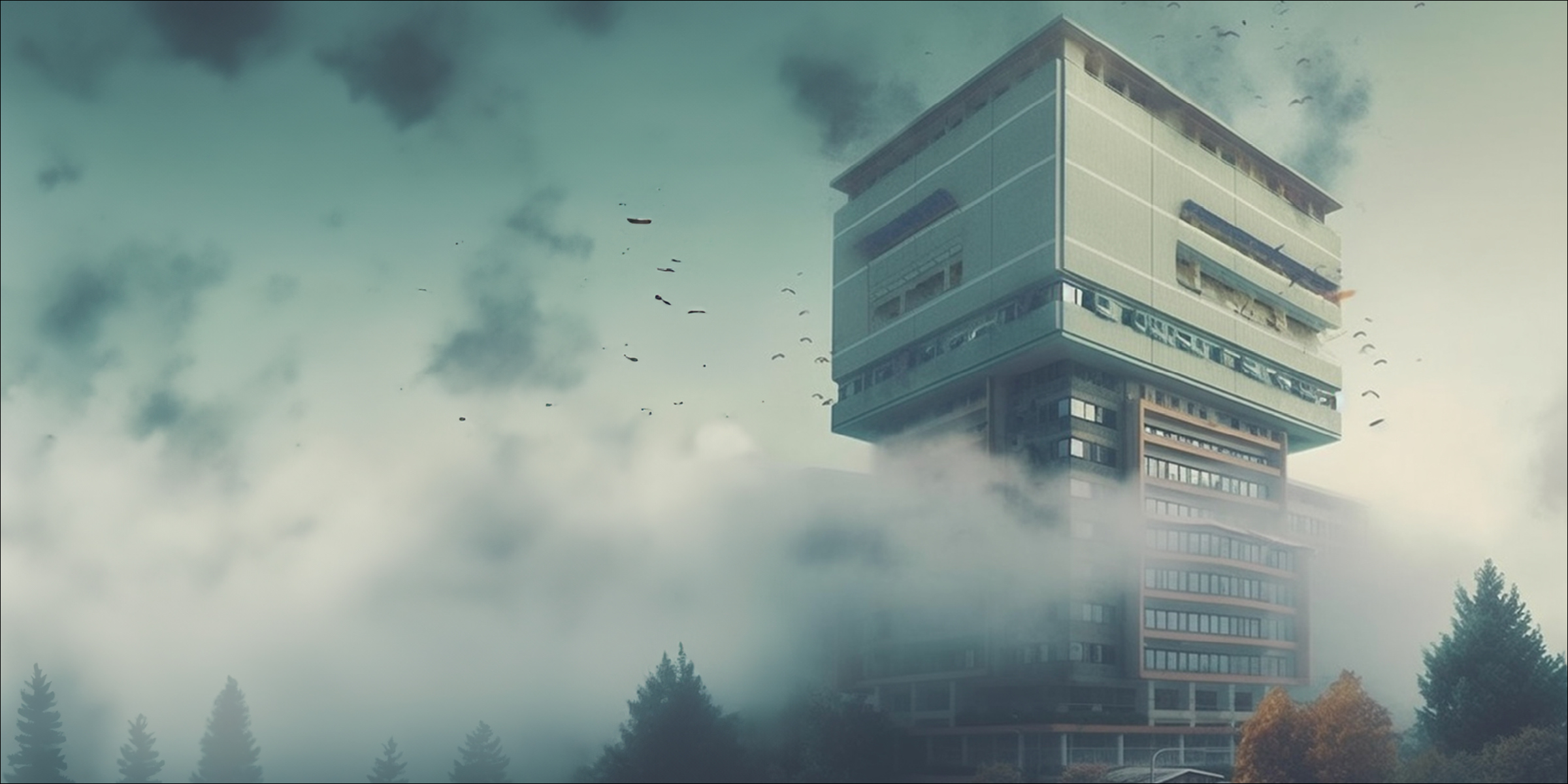 an abandoned building covered in clouds