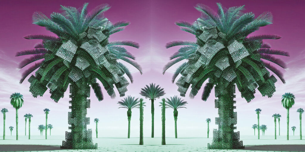 abstract image of green palm trees with purple background | ESG