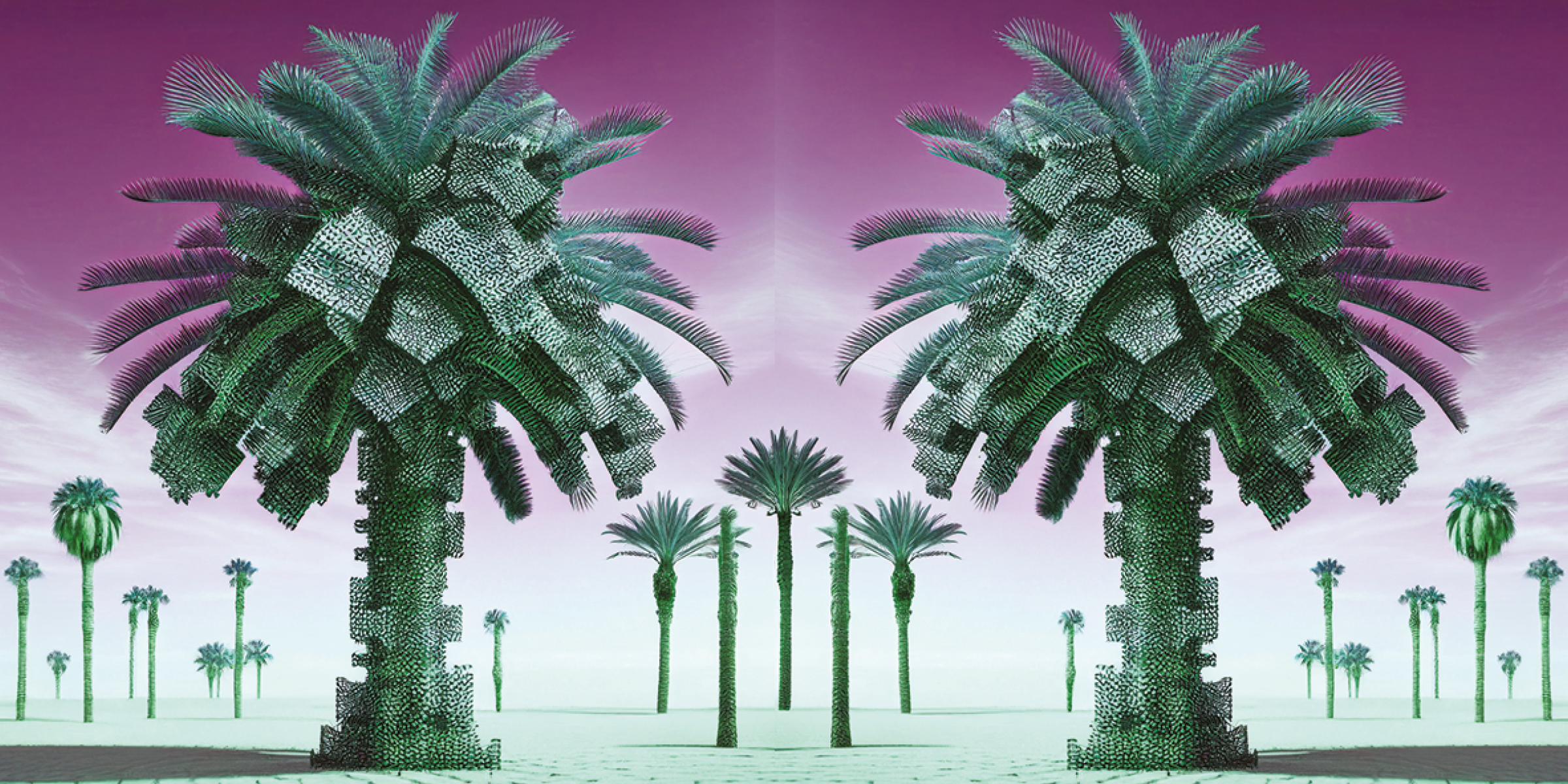 abstract image of green palm trees with purple background | ESG