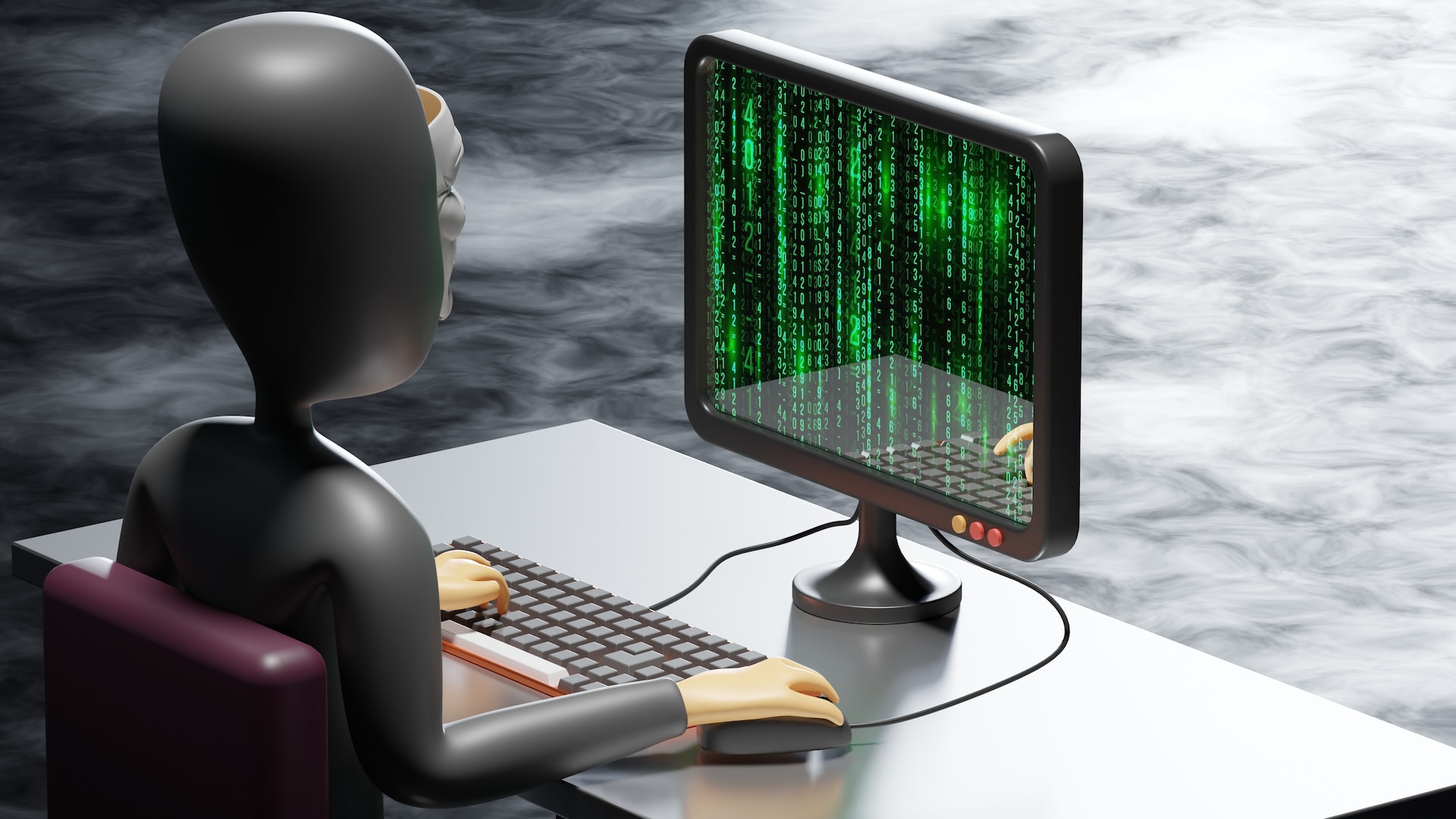 3D render image of cybersecurity - cyber criminal sat at computer desk with computer | MXDR