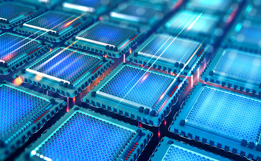futuristic image of CPU and quantum computing, blue squares inside a quantum processor - Deloitte quantum cybersecurity