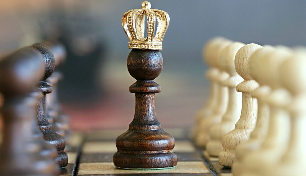 Ground-level view of a chessboard with all pawns lined up and a singular brown pawn wearing a crown | Enterprise vs point solutions