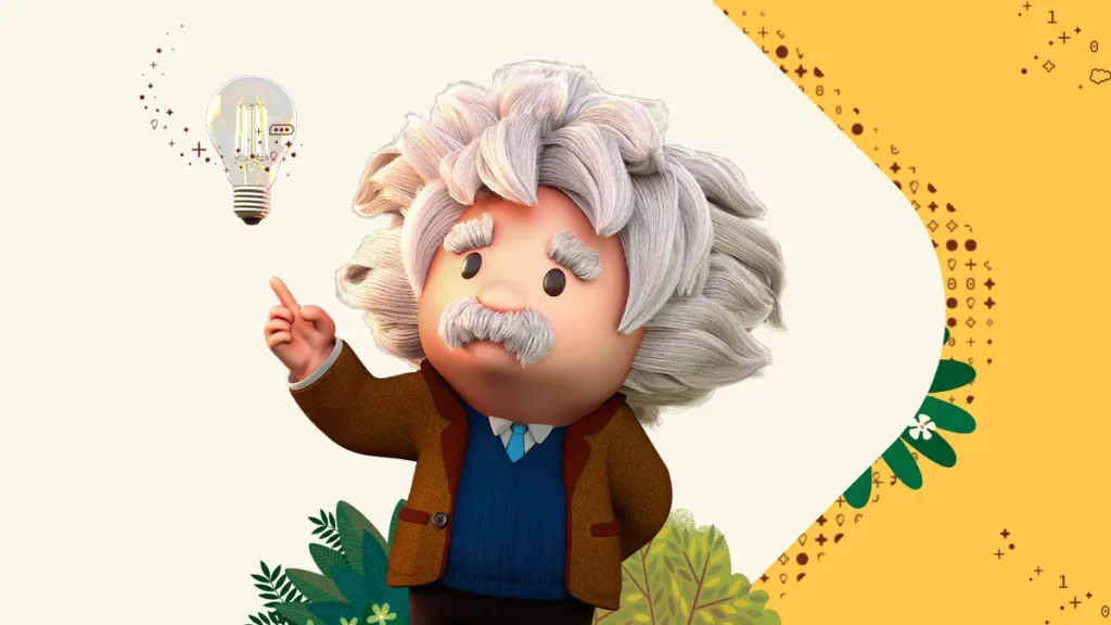 A cartoon Albert Einstein lookalike pointing to a floating lightbulb | Salesforce