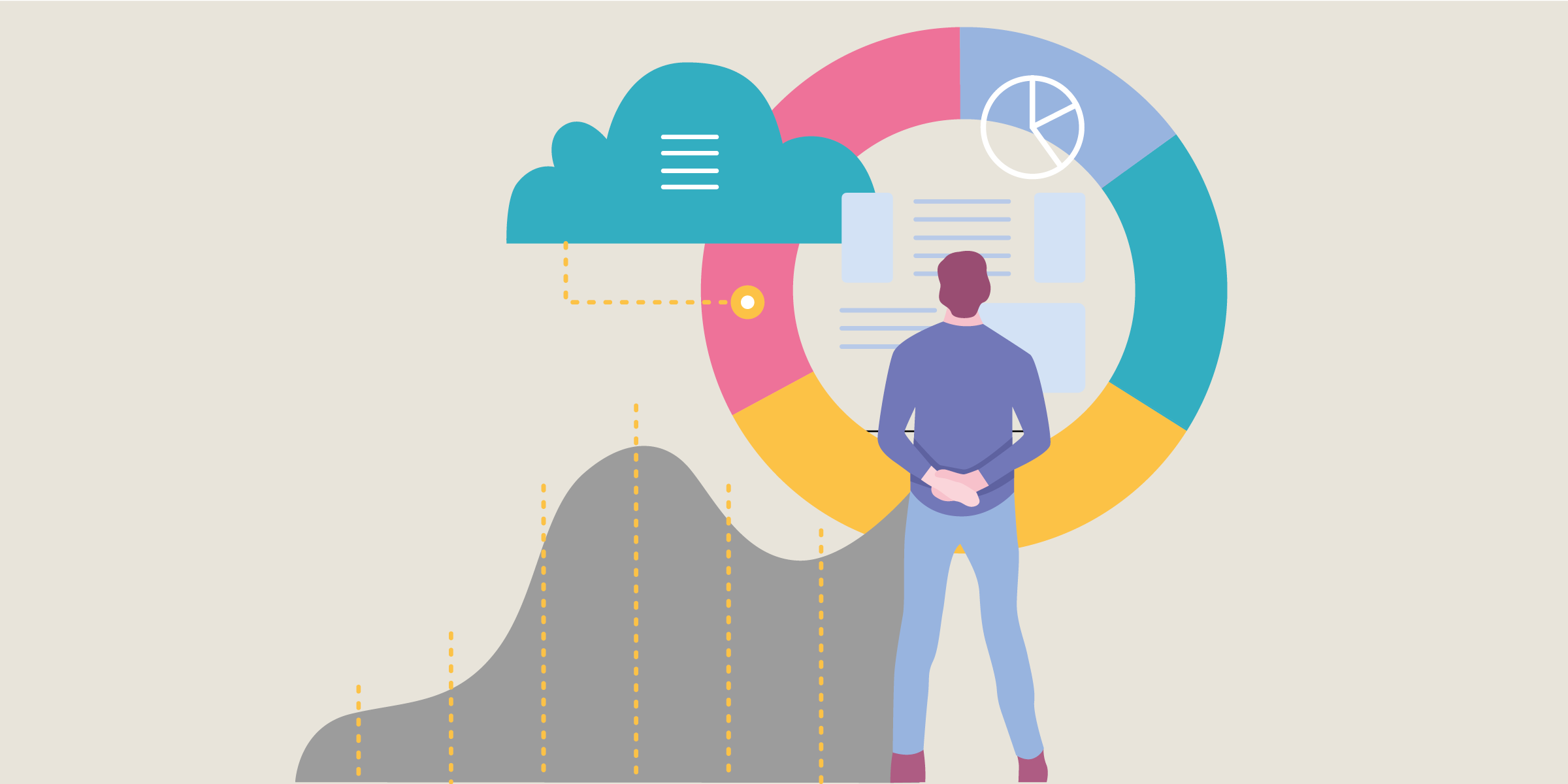 An illustration depicting a figure stood gazing at various graphs and a cloud | Data and technology