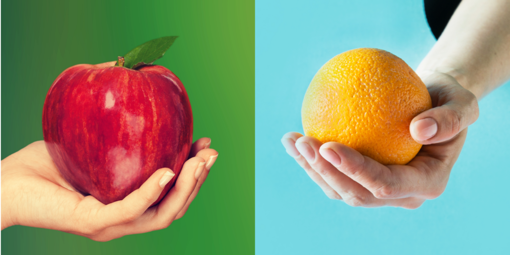 One hand holding up an apple and one hand holding up an orange side by side | Contractor vs consultant