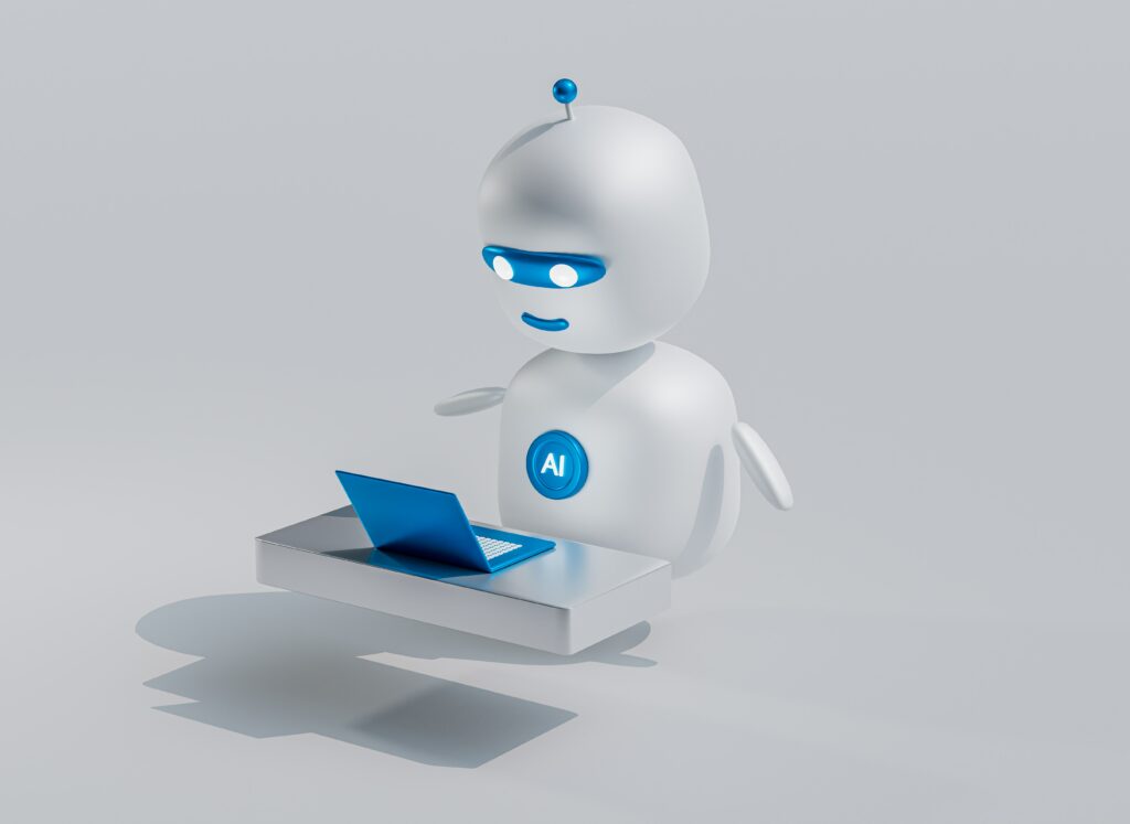 Vector image of a friendly cartoon robot looking at a laptop | Salesforce Vibram