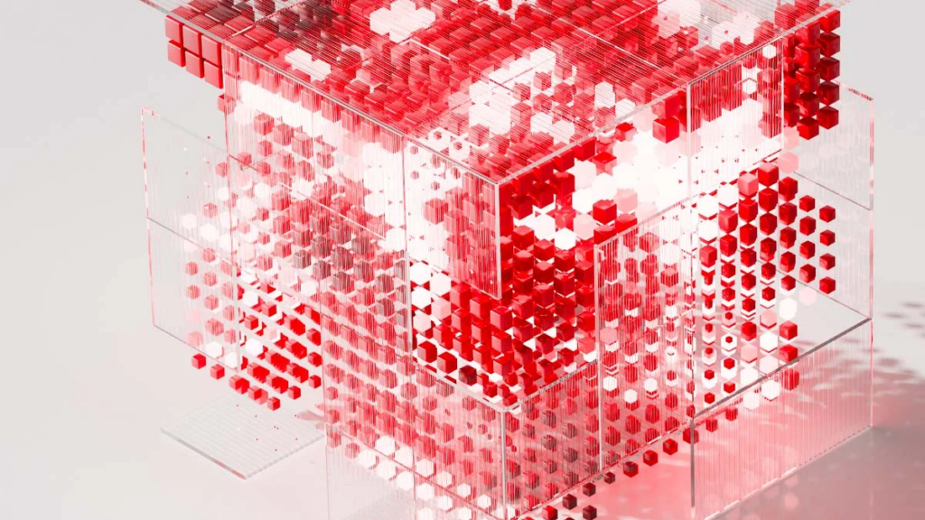 Hitachi Vantara : A large cube filled with little red cubes.