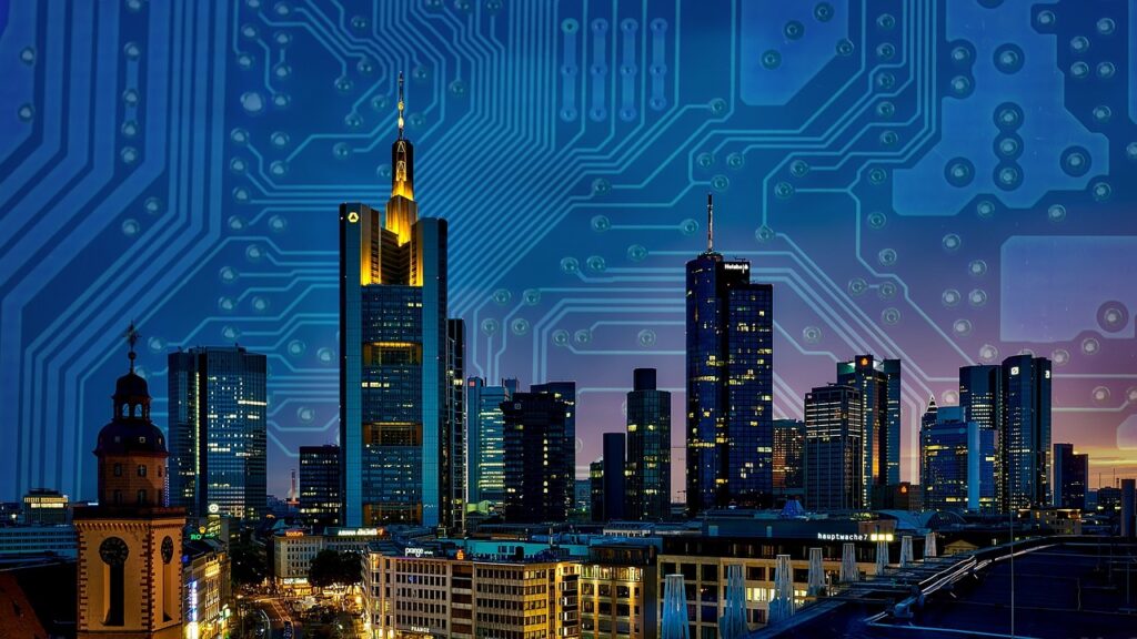 A city skyline at night with a circuitboard superimposed over it | Embridge intelligent automation