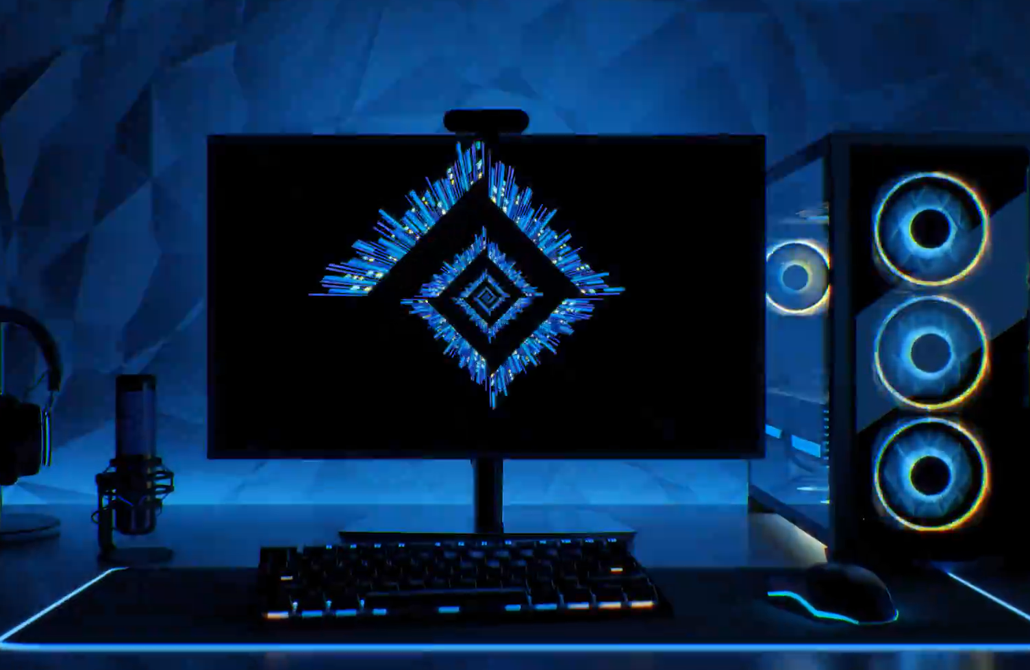 Intel Mv3 SAP Microsoft : A gaming computer with a blue geometric image to insinuate AI