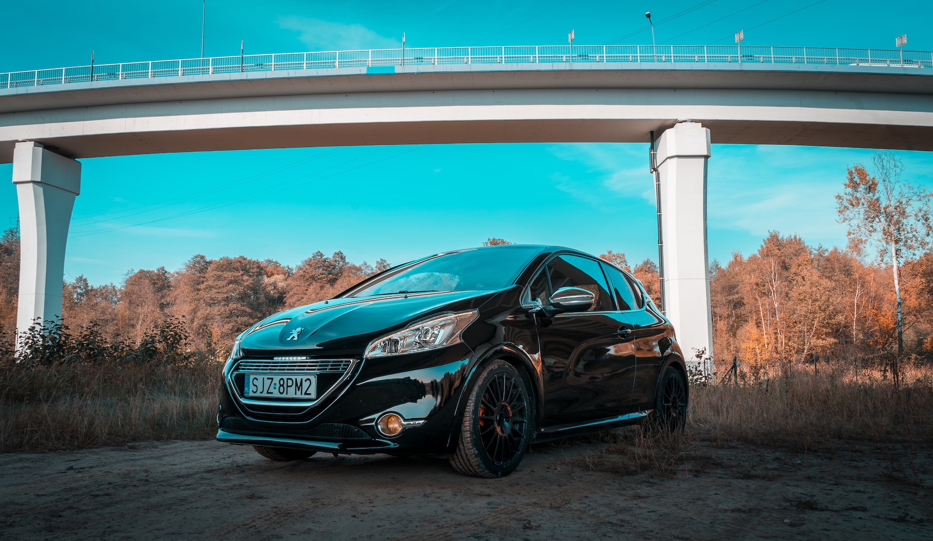 image of a black Peugeot with bridge and trees in background | Accenture Song and Peugeot