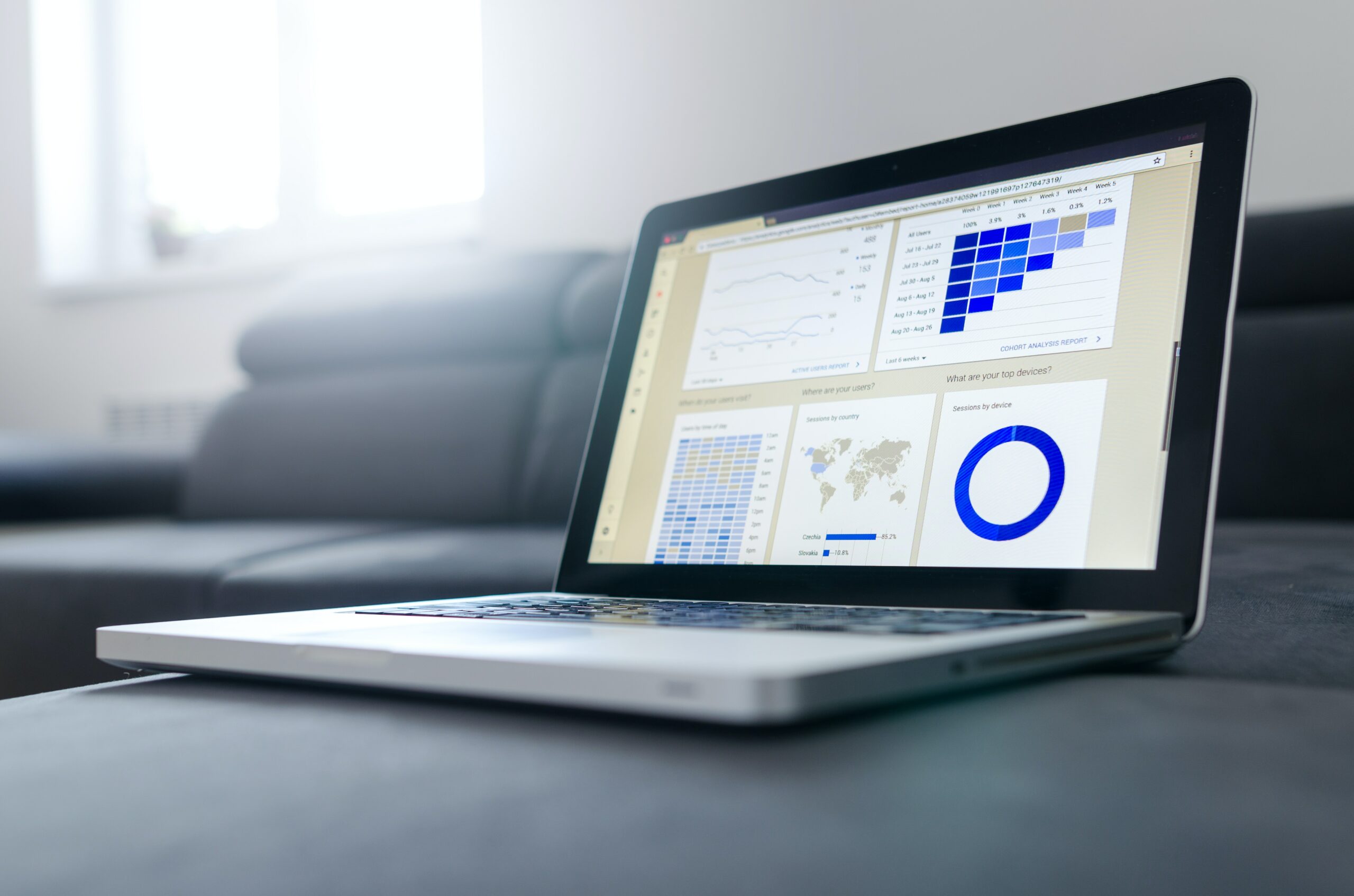 A laptop open, resting on a couch, showing important-looking charts on the screen | SAM Inoapps