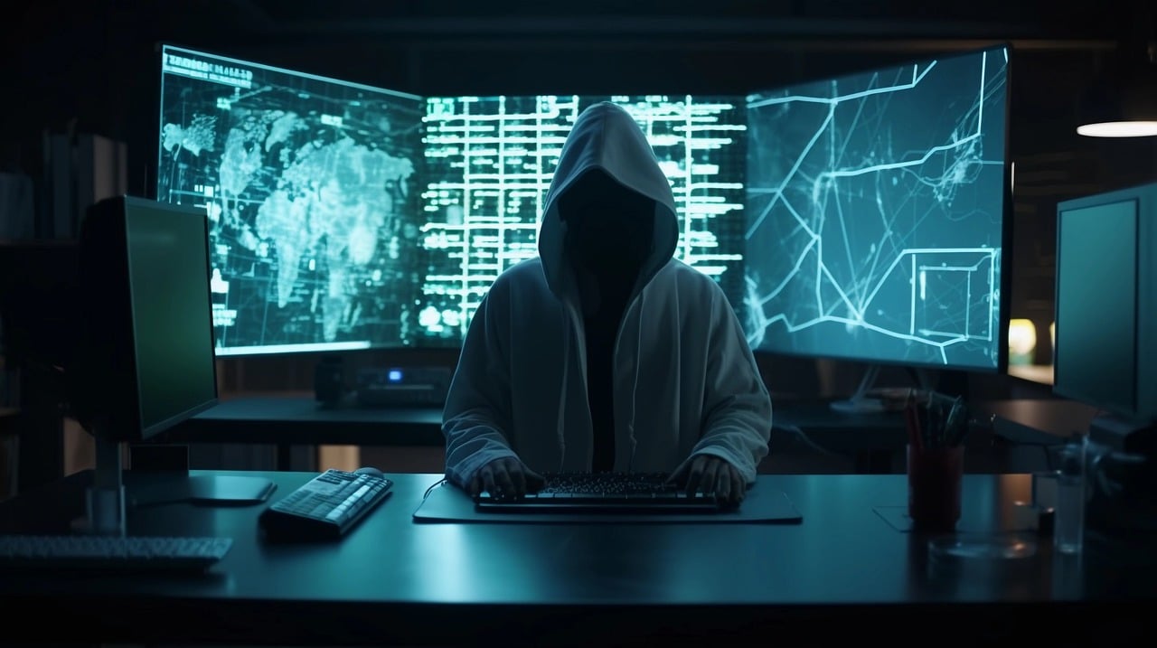abstract illustrated image of cyberattacks, person wearing a hoodie is sat in front of computer screens | cyberattacks