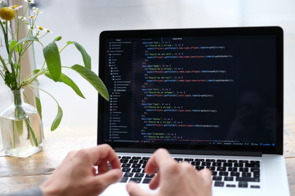 image of laptop with code on, with plant next to laptop | AI