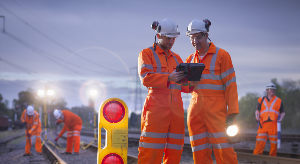 railway workers using tablet device at night