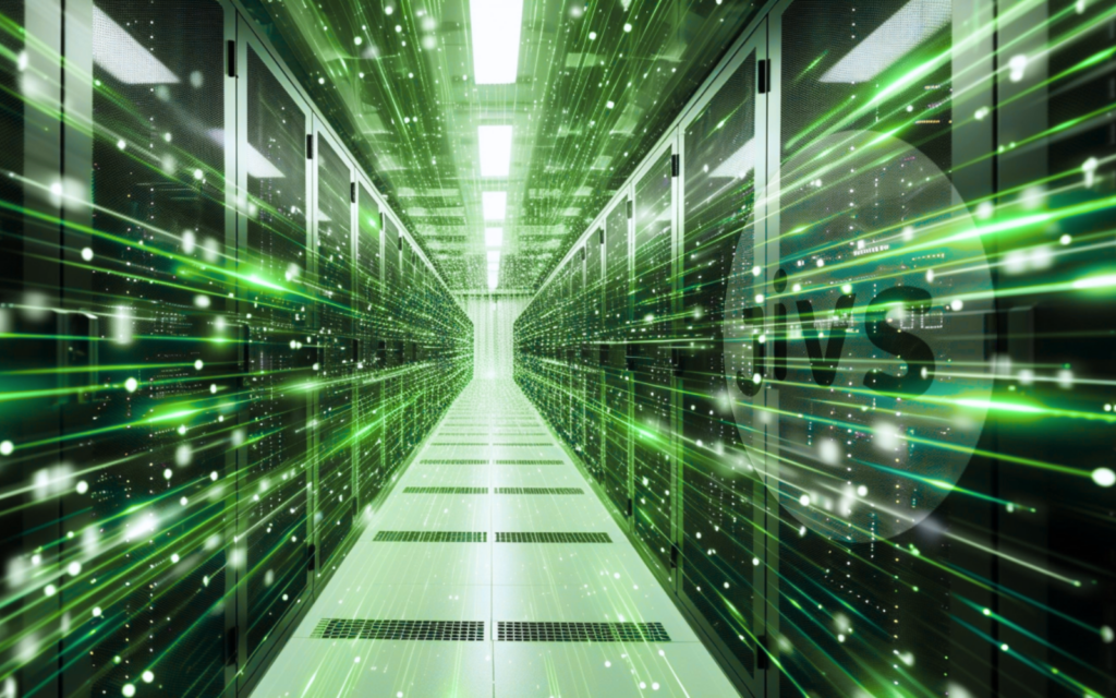 A green tinted hallway containing many servers on either side | energy data migration international