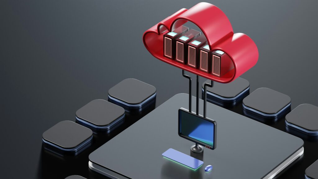 CGI image of a red cloud connected to desktop computer, surrounded by abstract tech panels | Cloud ERP SAP