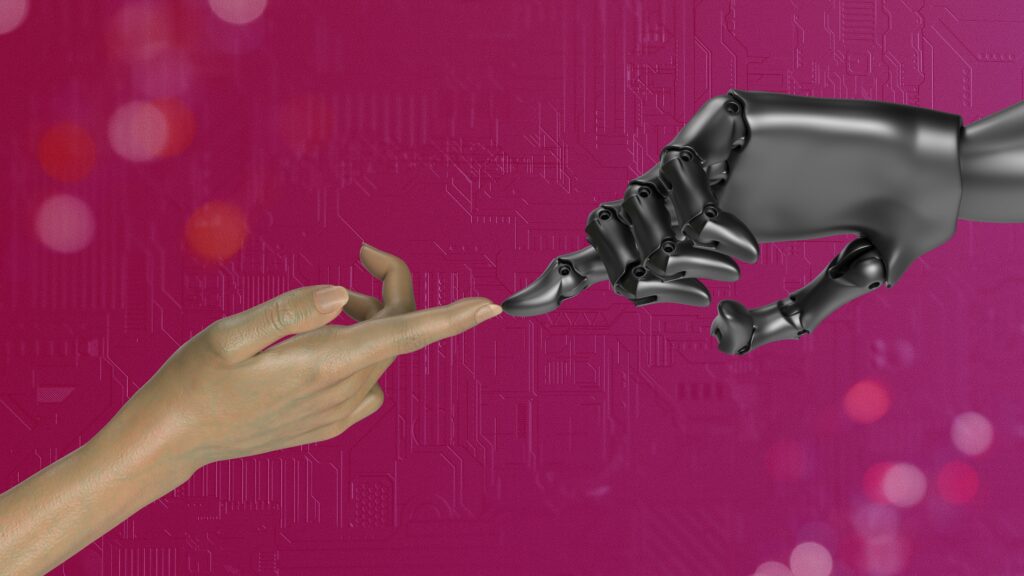 image of a robotic finger touching human, "creation of Adam" reference, with a pink background | Zendesk AI news