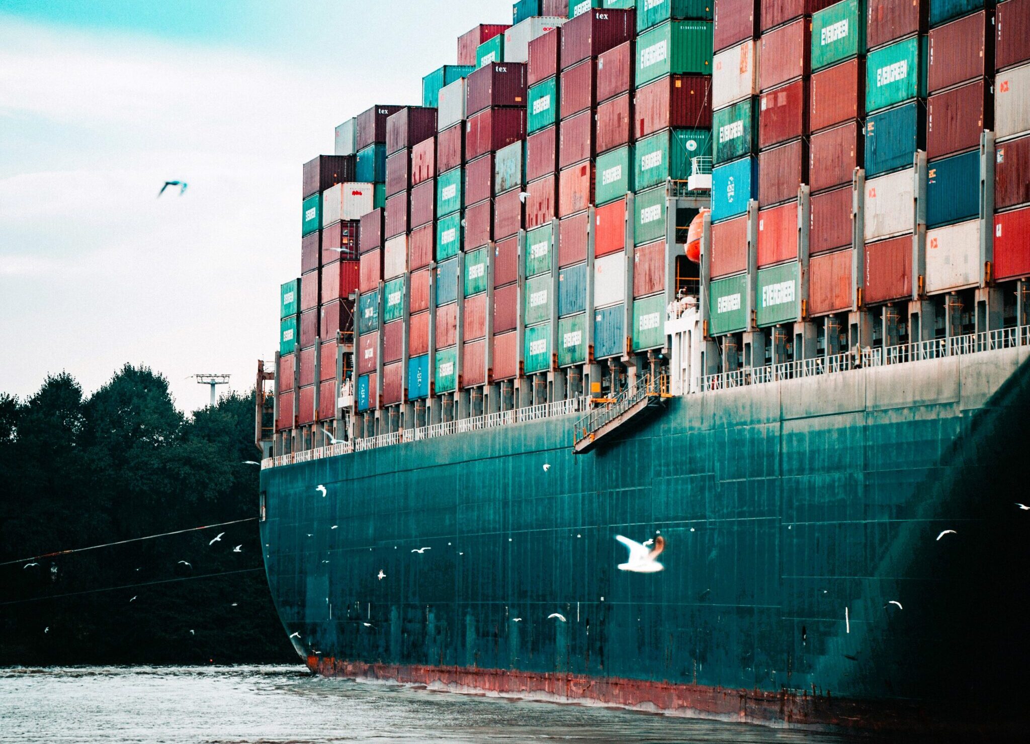 A supply chain shipment in the water with birds.