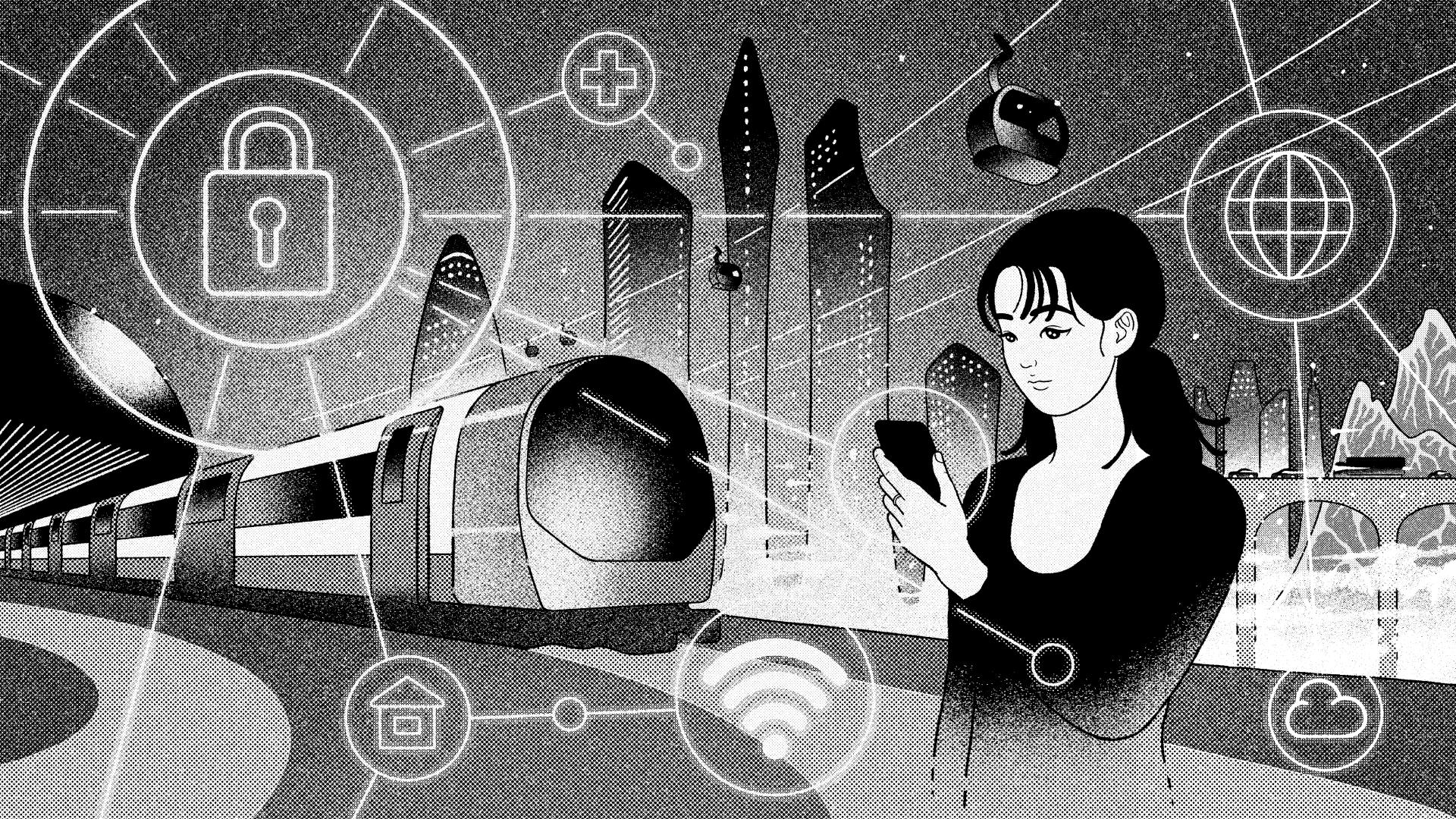 black and white graphic of a person holding a phone next to images of a padlock, wifi sign and web globe | The train outta cyber trouble in the smart city