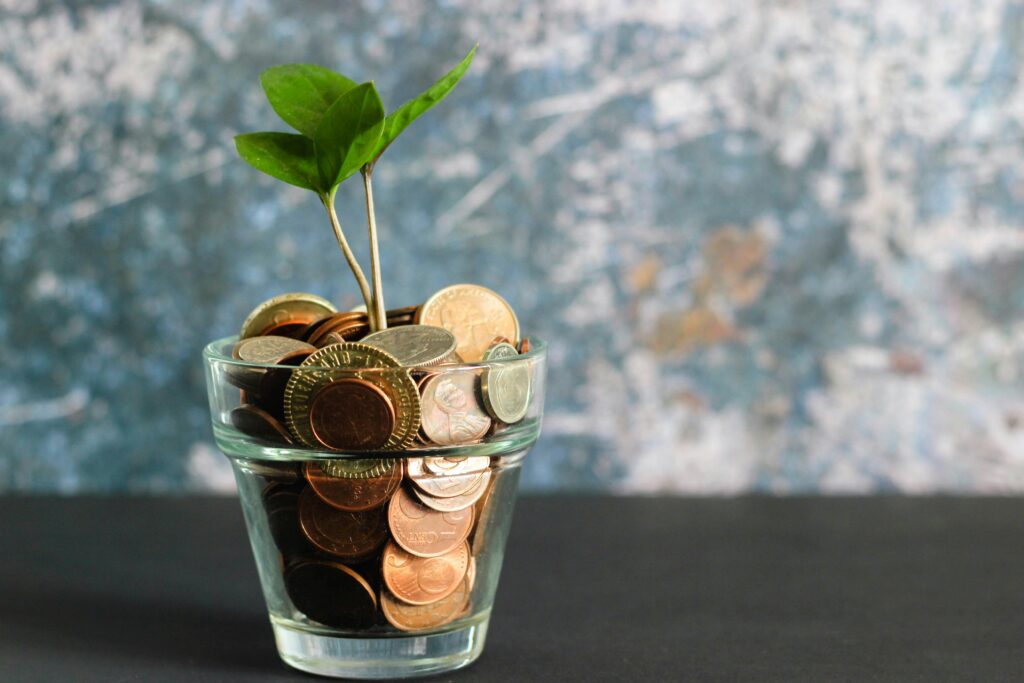 a photo of a plant growing out of a glass with coins | financial system concept