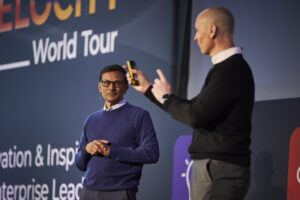 Infor CTO Soma Somasundaram and Infor CEO Kevin Samuelson onstage at the Infor Velocity Tour 2024