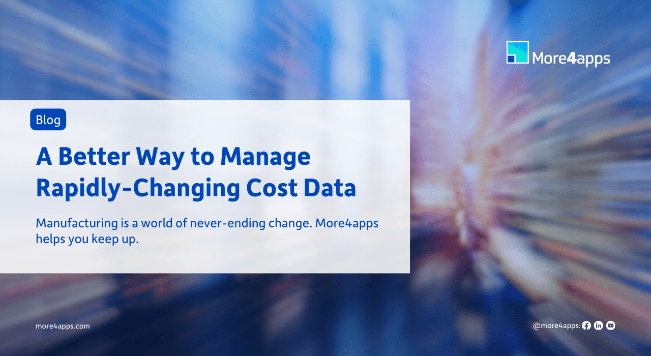 More4apps slide that states: A better way to manage rapidly-changing cost data. Manufacturing is a world of never-ending change. More4apps helps you keep up.