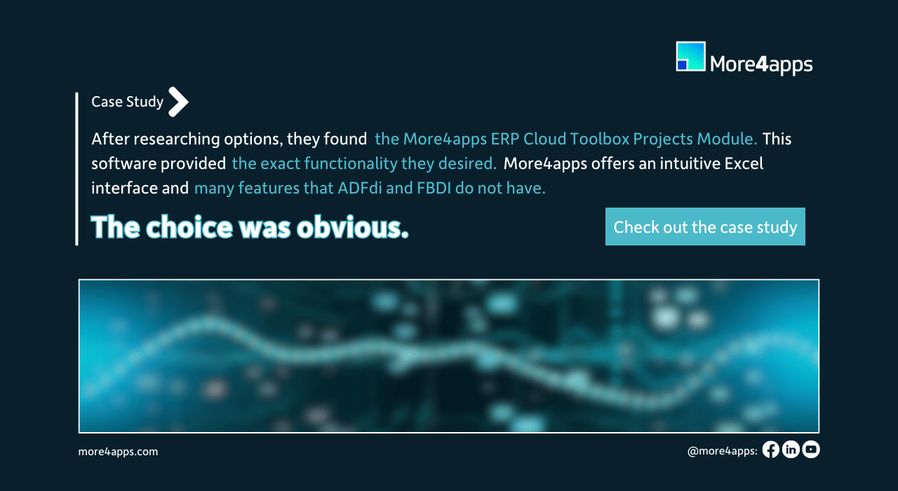 More4apps slide with an abstract graph image that describes a case study of a customer that used the More4Apps ERP Cloud Toolbox Projects Module for data management