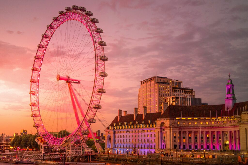 photo of London Eye and County Hall during sunset | Fudgelearn promo for O5 Live event