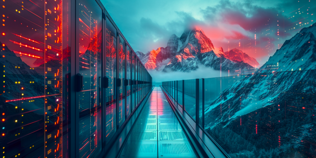 photo of a sunset sky with clouds and a mountain alongside a row of supercomputers | cloud migration with the help of DMI JiVS