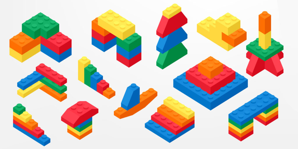 Set of brick block toys 3d vector for children. Colorful bricks toy isolated on background. Part and piece for decorative design and creative. | Composable ERP article