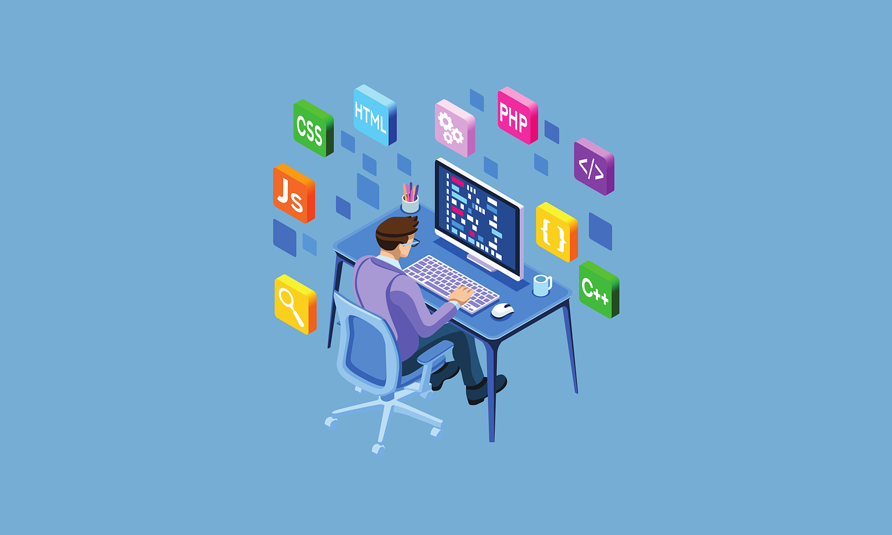 graphic of a man using a computer on a blue background | The value in staying on Oracle EBS