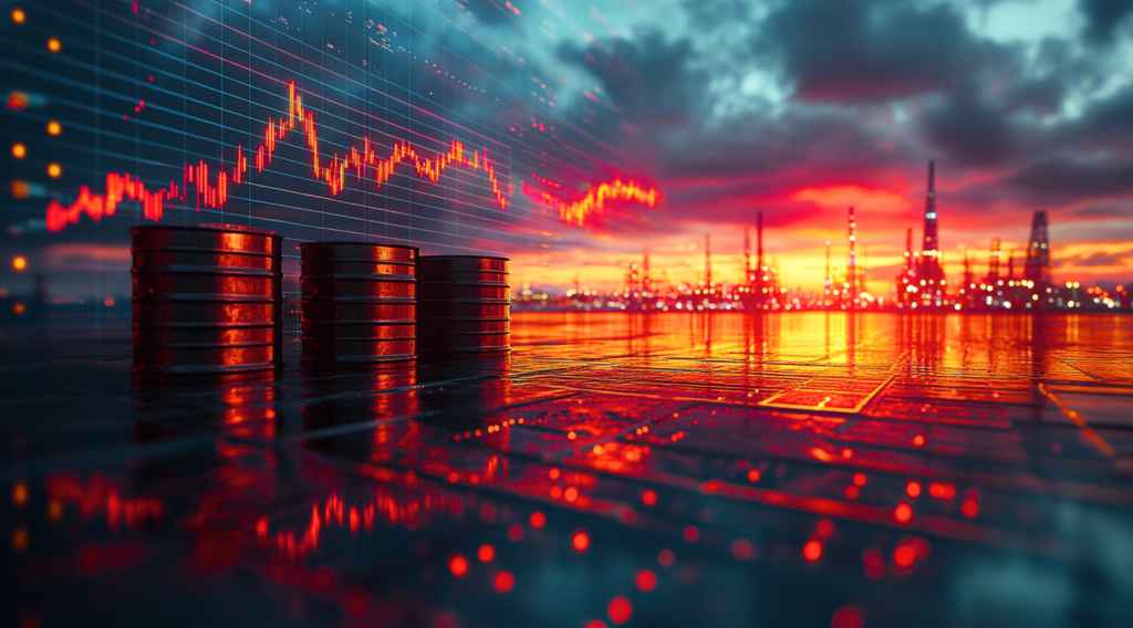 futuristic image that shows cans representing oil and gas industry in front of growth and a city | Data Migration International JiVS IMP data management solution for the energy sector