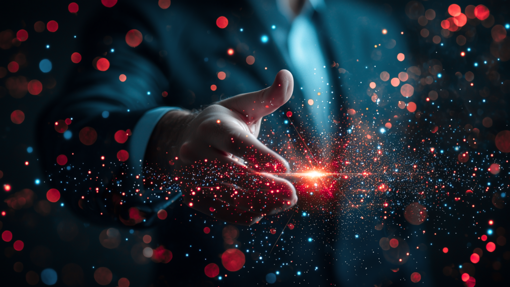 a businessman in a suit reaching a hand for a handshake with red sparks shining across the photo | Data Migration International data migration solution for SAP S/4HANA