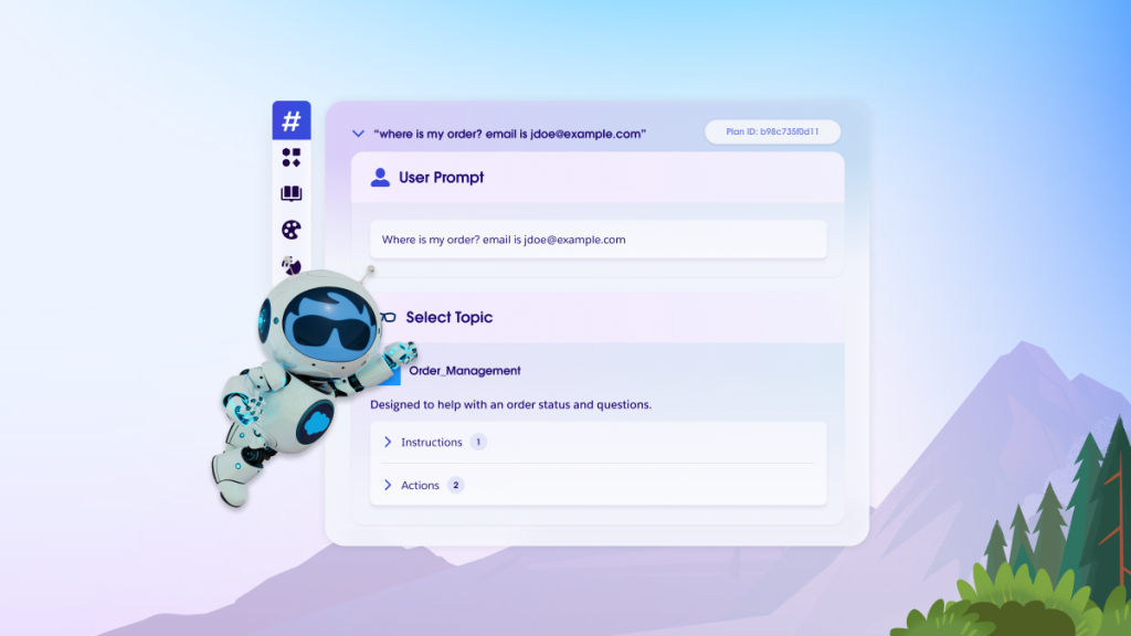 Salesforce graphic of an AI agent in front of a software screen and graphic mountains and trees in the background