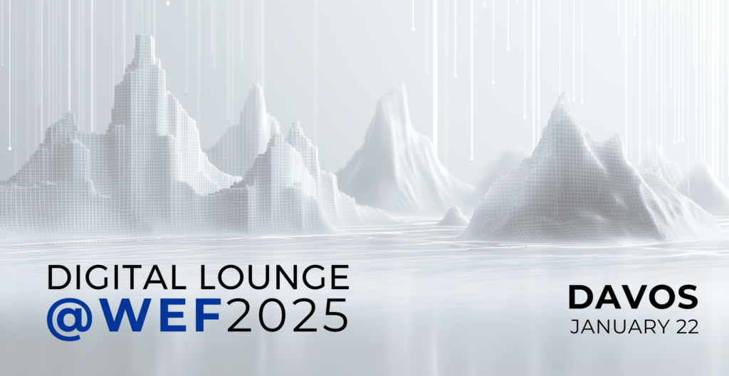 a graphic depicting white mountains in tech style with the words Digital Lounge @ WEF 2025 and Davos January 22 in the foreground