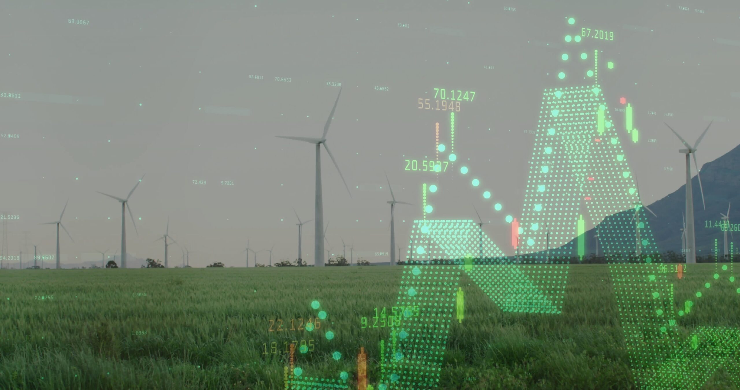 Digital image of data over field with wind turbines.