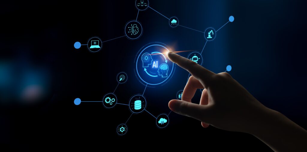 Image of finger touching an AI agent in digital space.