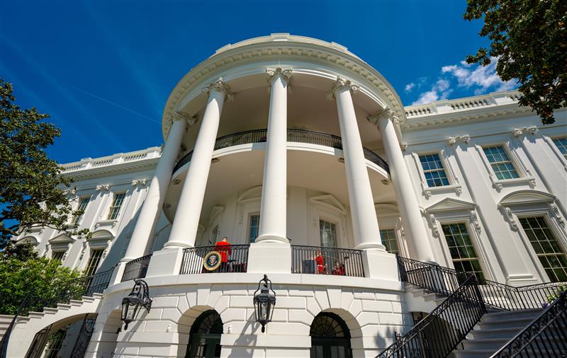 A ground-level view of the White House