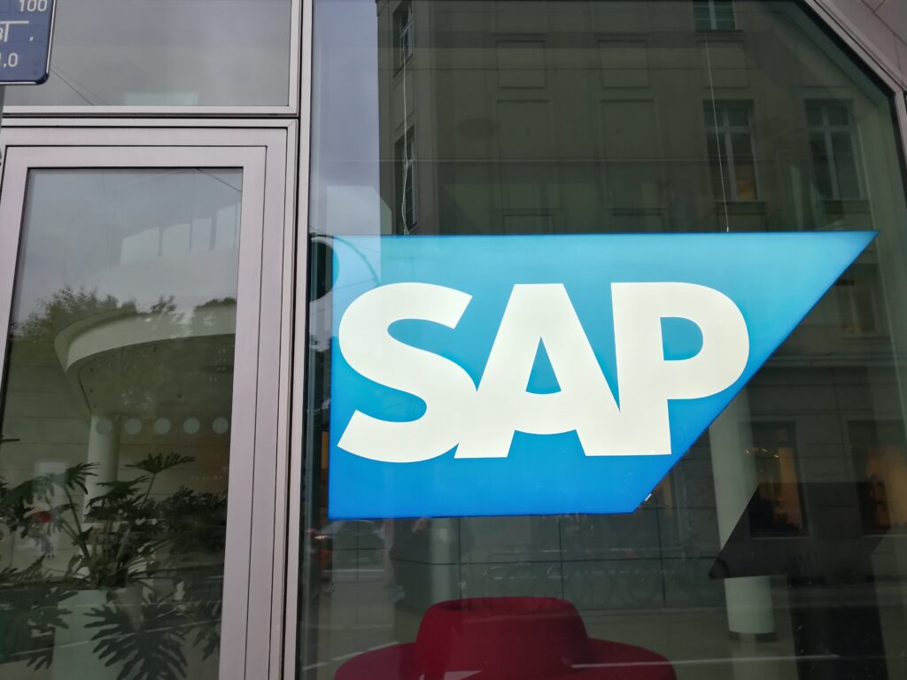 SAP logo displayed at company office, representing enterprise software security and monthly Patch Day updates.