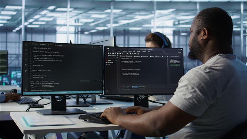 Security analyst monitoring code and identity access controls across multiple screens following accelerated AI-driven breach activity