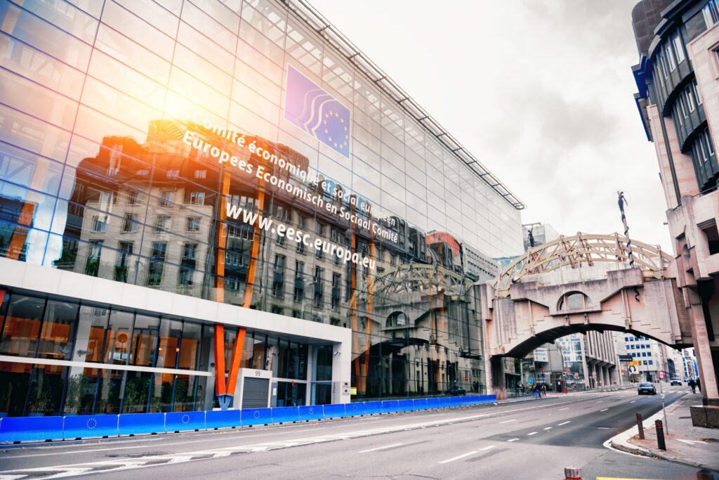 European Economic and Social Committee building in Brussels representing EU cloud sovereignty and data governance policy.