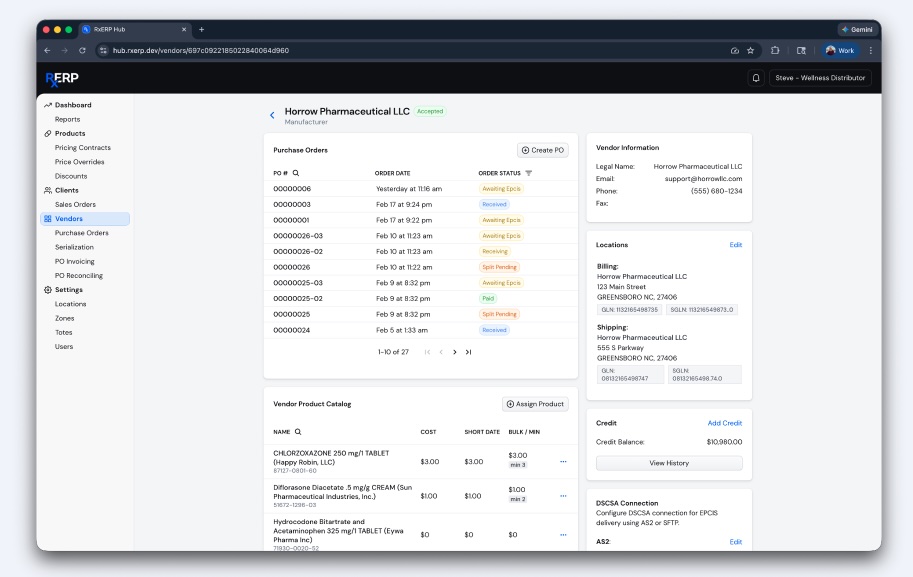 RxERP Hub — Vendor & Manufacturer Management with DSCSA Connection — A single vendor record consolidates purchase order history, product catalog, DSCSA connection configuration (AS2/SFTP), and GLN/SGLN location data — replacing the fragmented, multi-system workflows that made compliance unmanageable at scale.
