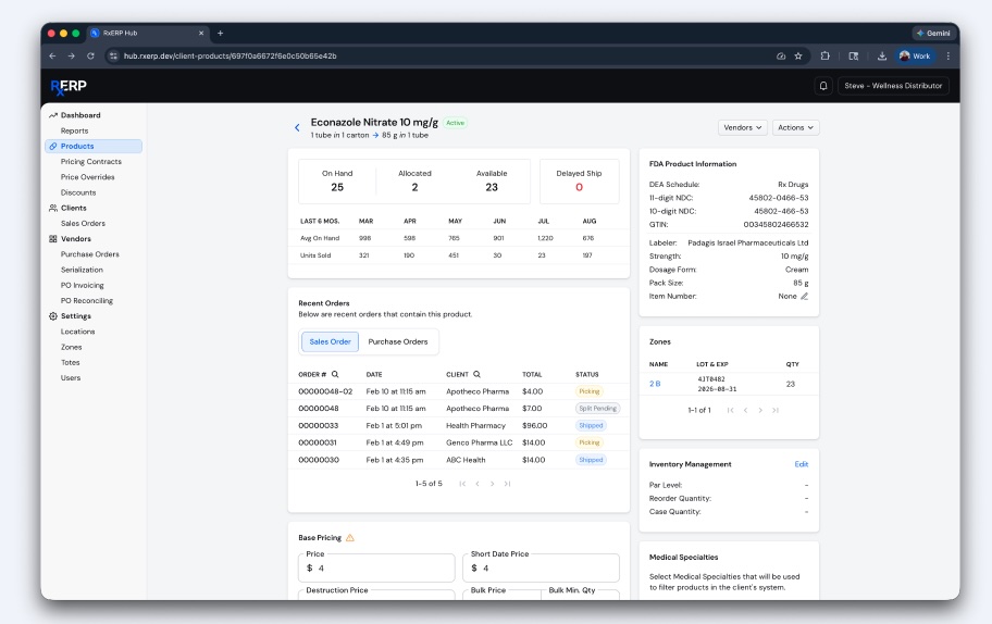 Product Intelligence Dashboard — The Data Foundation for AI-Ready Operations — A single product view surfaces on-hand inventory, allocation, 6-month movement trends, order history across clients, zone-level lot and expiration data, and FDA product details — all in real time. This is the structured, unit-level transaction history that makes predictive AI, anomaly detection, and automated recall precision possible. 
