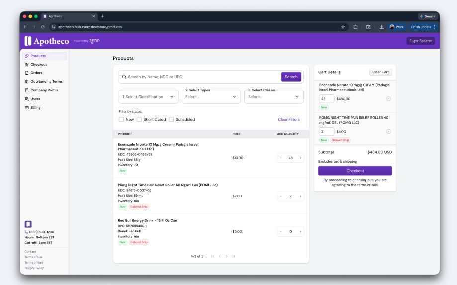 Apotheco — White-Label eCommerce Storefront Powered by RxERP — A fully branded pharmacy ordering portal — products, NDC codes, real-time inventory status, classification filters, and serialized checkout — delivered from RxERP's single platform. This end-to-end model (from manufacturer to patient-facing storefront, all in one serialized system) is the blueprint that safety-critical industries beyond pharma will look to replicate.