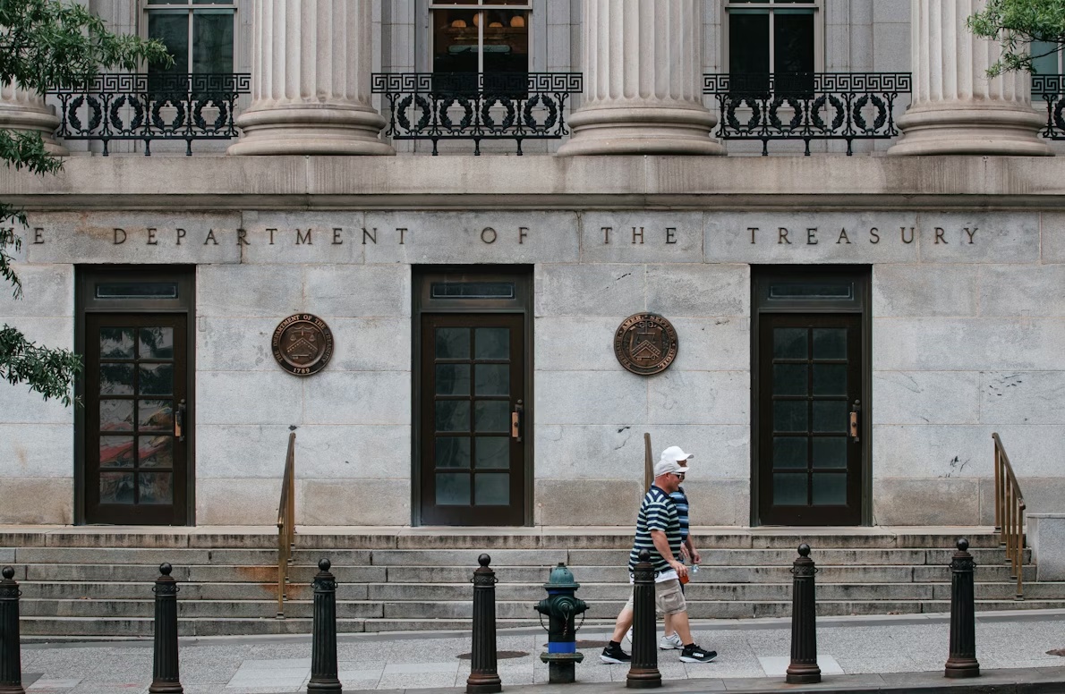 U.S. Department of the Treasury building in Washington, D.C., before regulators met to discuss AI cyber risk in financial systems.